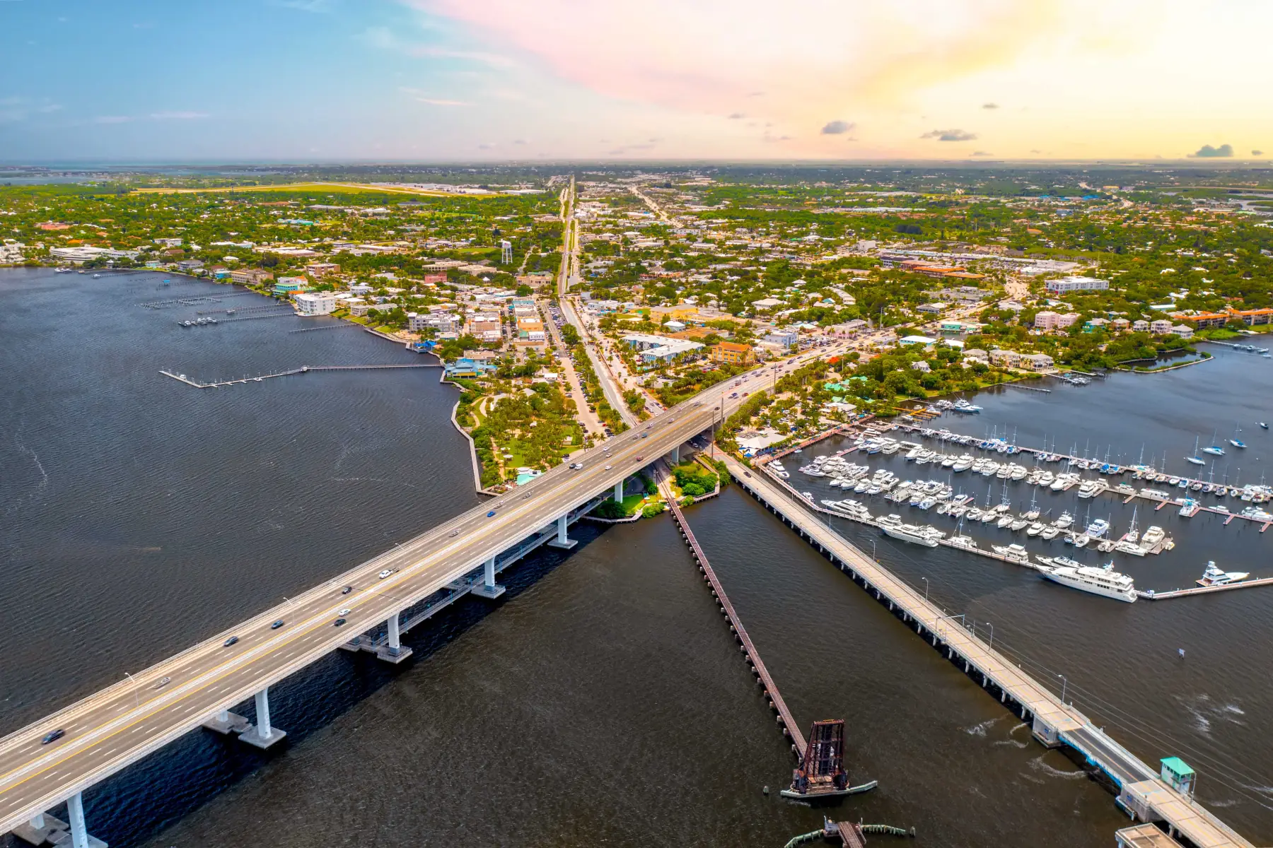The Roosevelt Bridge over the St. Lucie River and downtown Stuart from the air