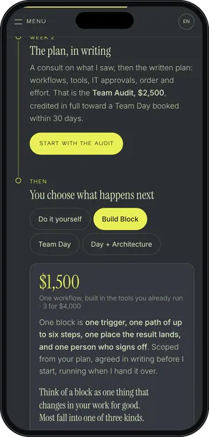 Teams: one month of work, stage by stage, phone