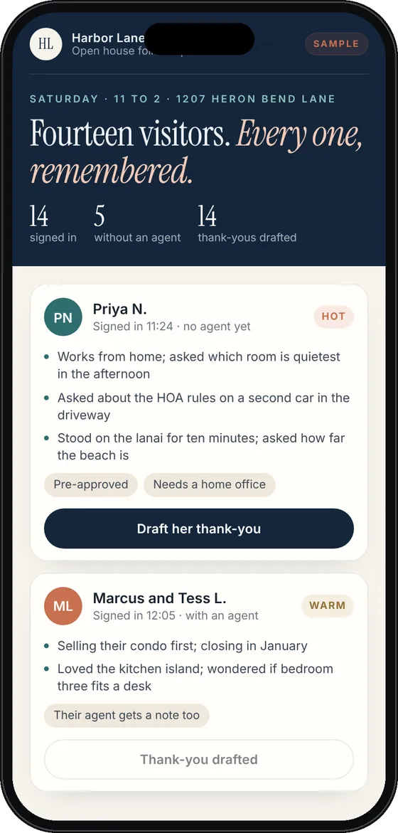 Open house follow-up, sample screen