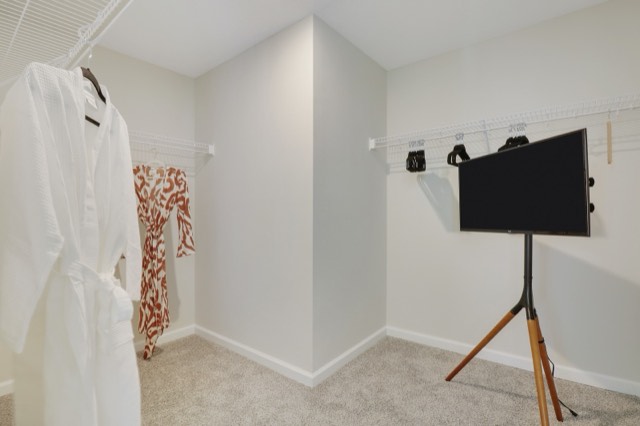 Carpeted walk-in closet with white wire shelving, a robe on a hook and a TV on a stand