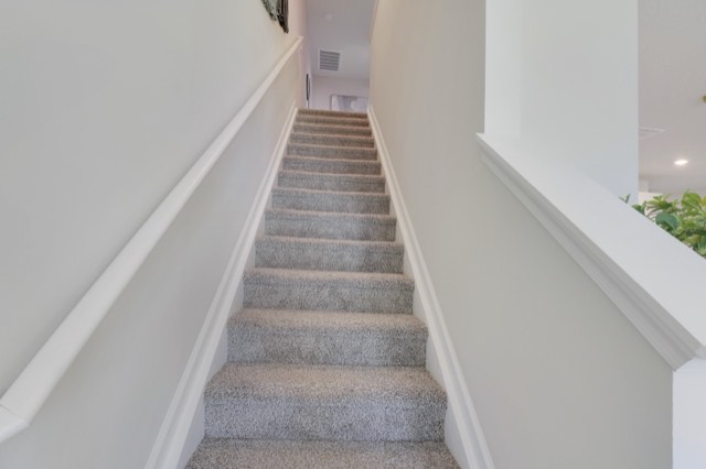 Carpeted staircase between a handrail wall and a white half wall, rising to the upper level