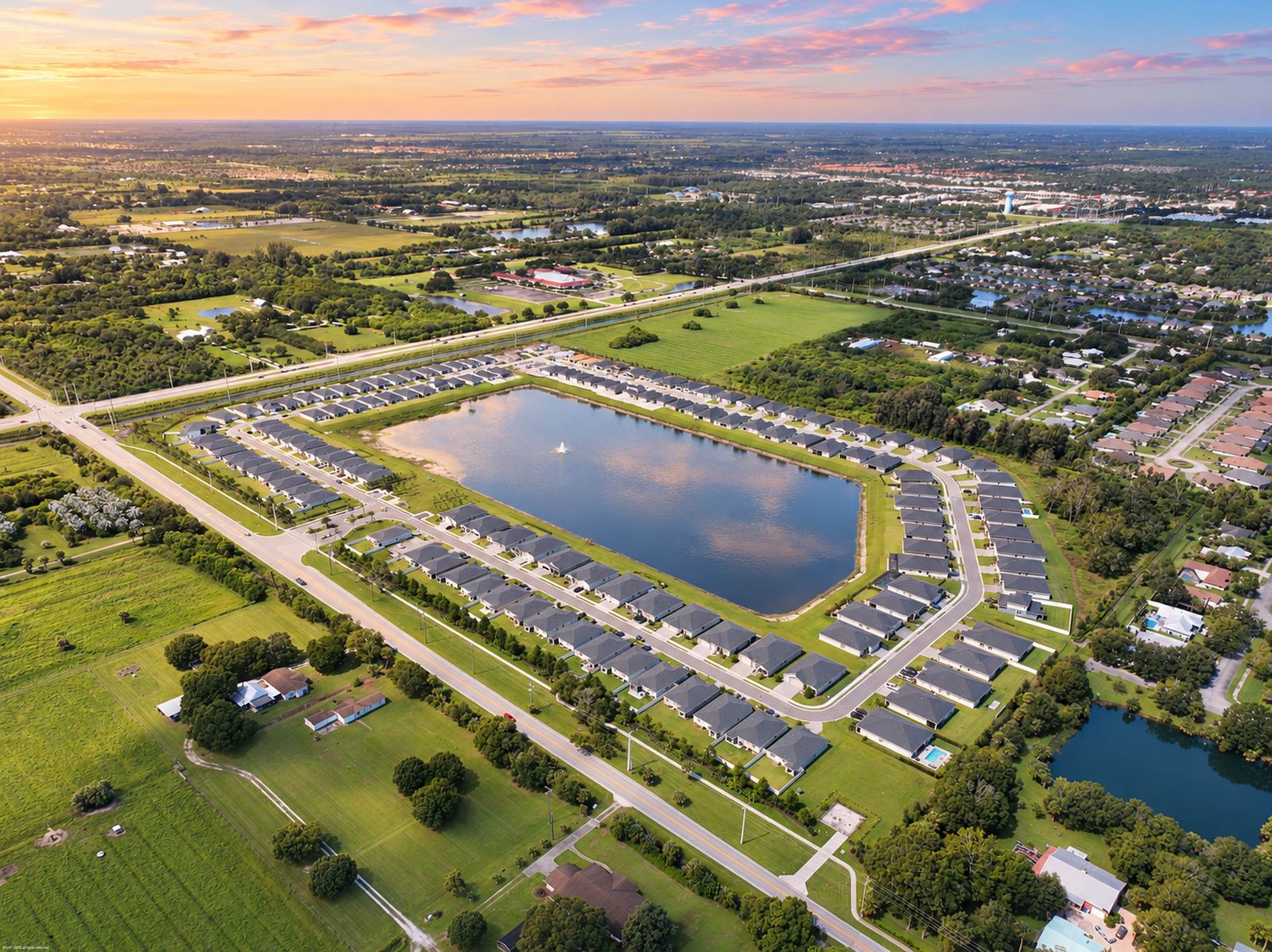 Aerial of Hampton Park at sunset, homes ringing the lake and its fountain