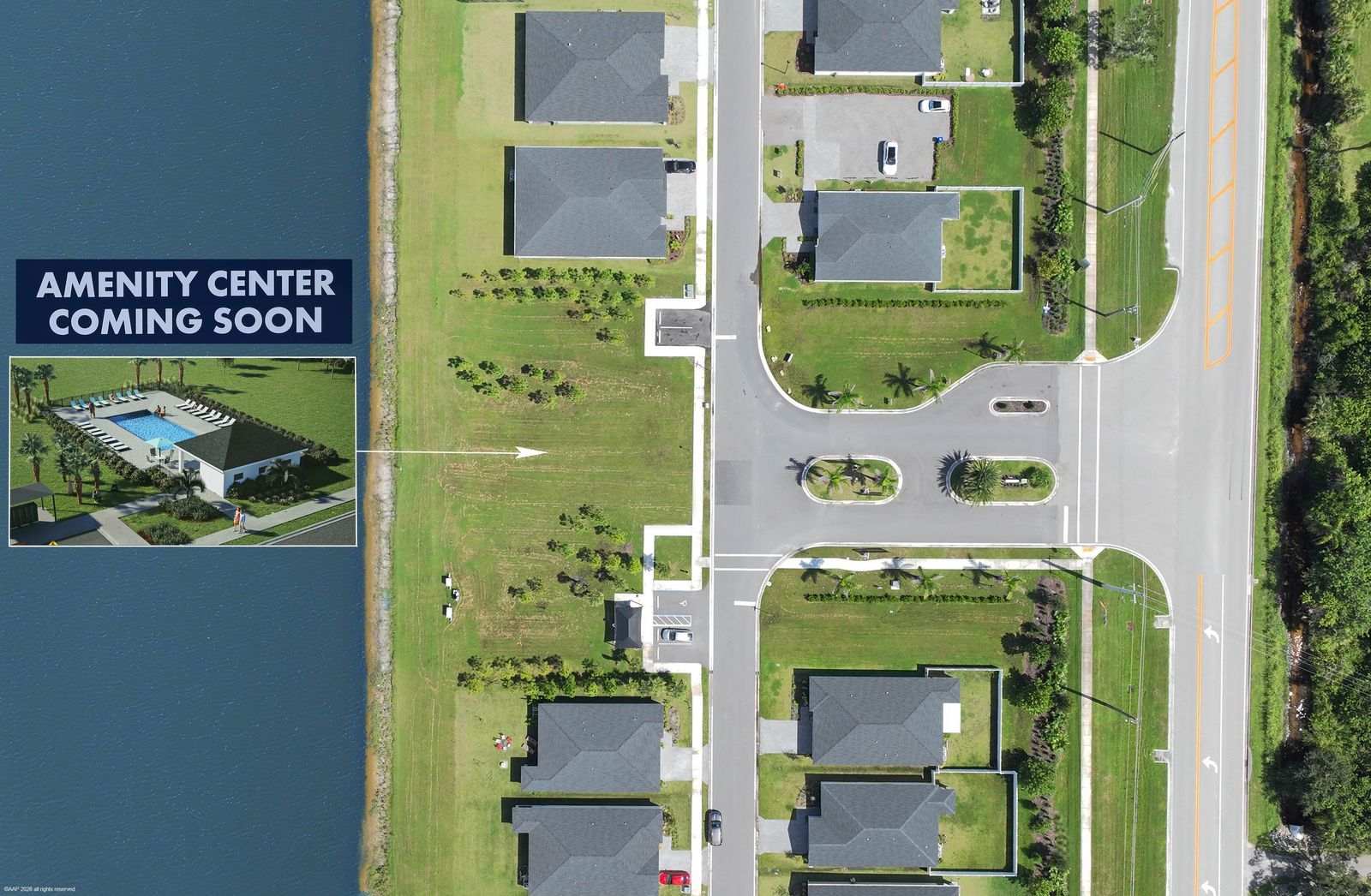 Overhead photo of the lakeside parcel by the entrance, with an inset rendering of a pool and clubhouse labeled Amenity Center Coming Soon