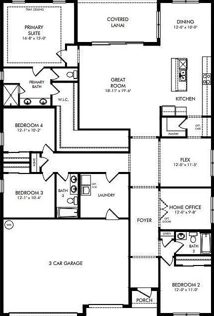 Single-story four-bedroom floor plan