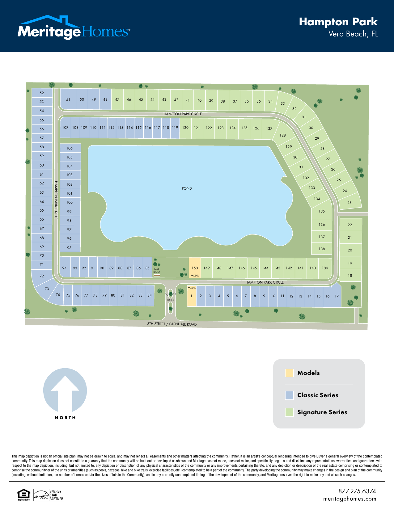 Official Meritage Homes community site plan for Hampton Park, Vero Beach, showing lot layout, pond, and model locations.