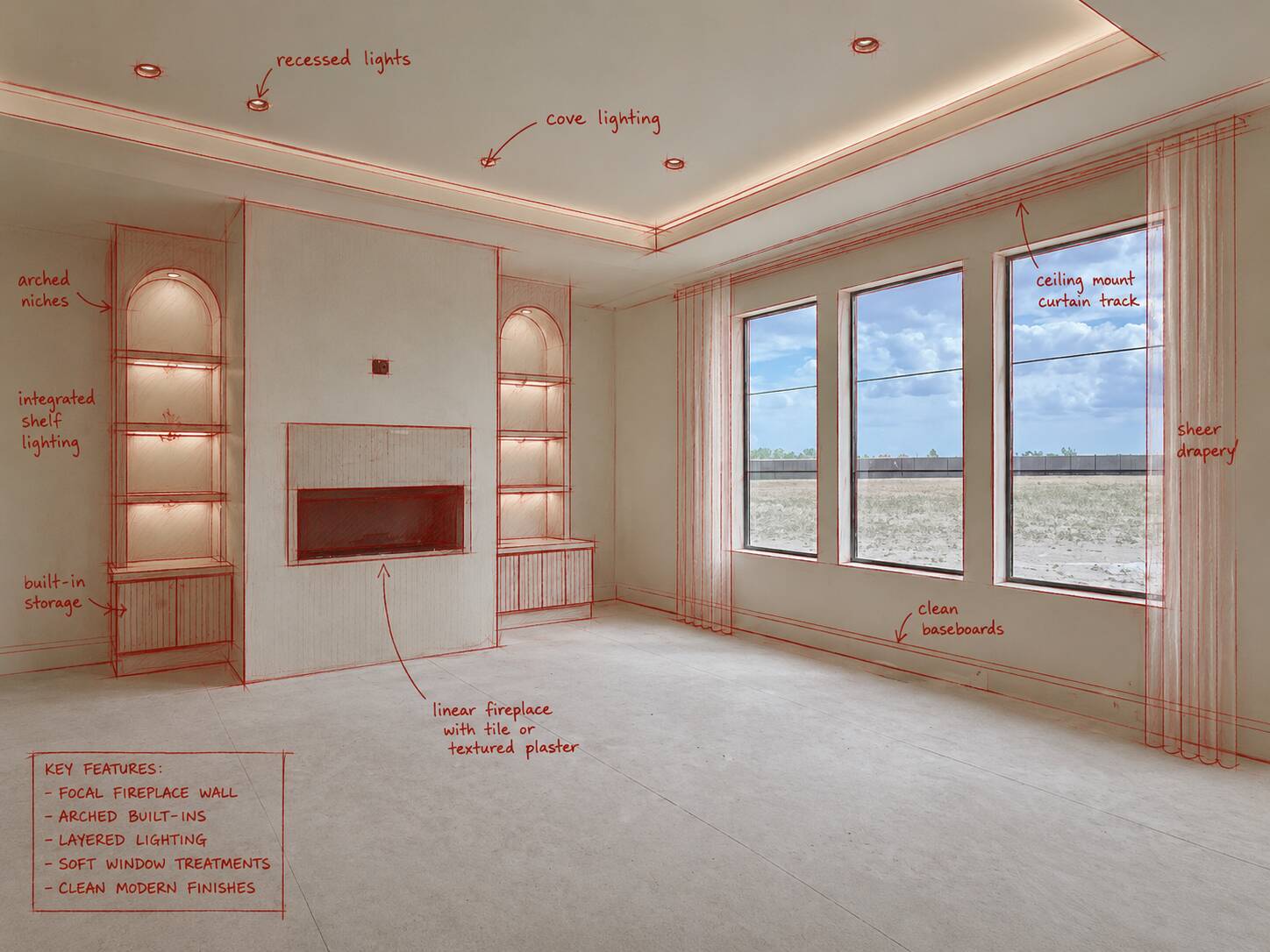 The same fireplace wall annotated a second way, with the key features listed.