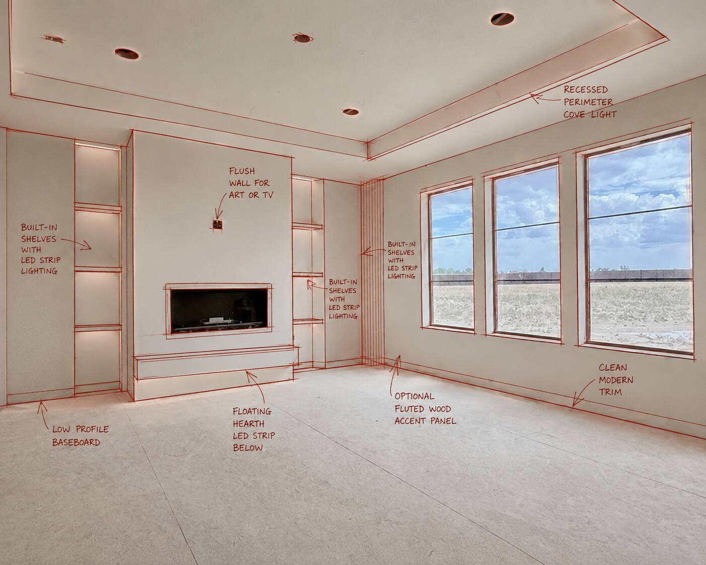 The same fireplace wall with build notes called out over the drawing.