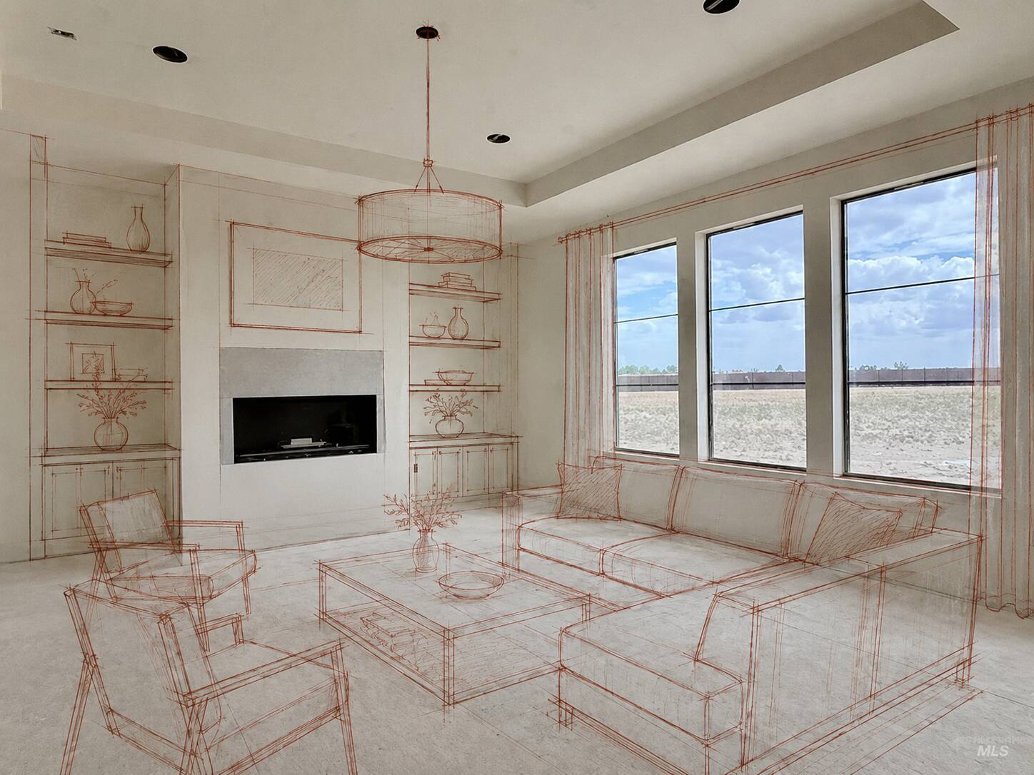 The same fireplace wall with the furniture plan drawn over the photograph.