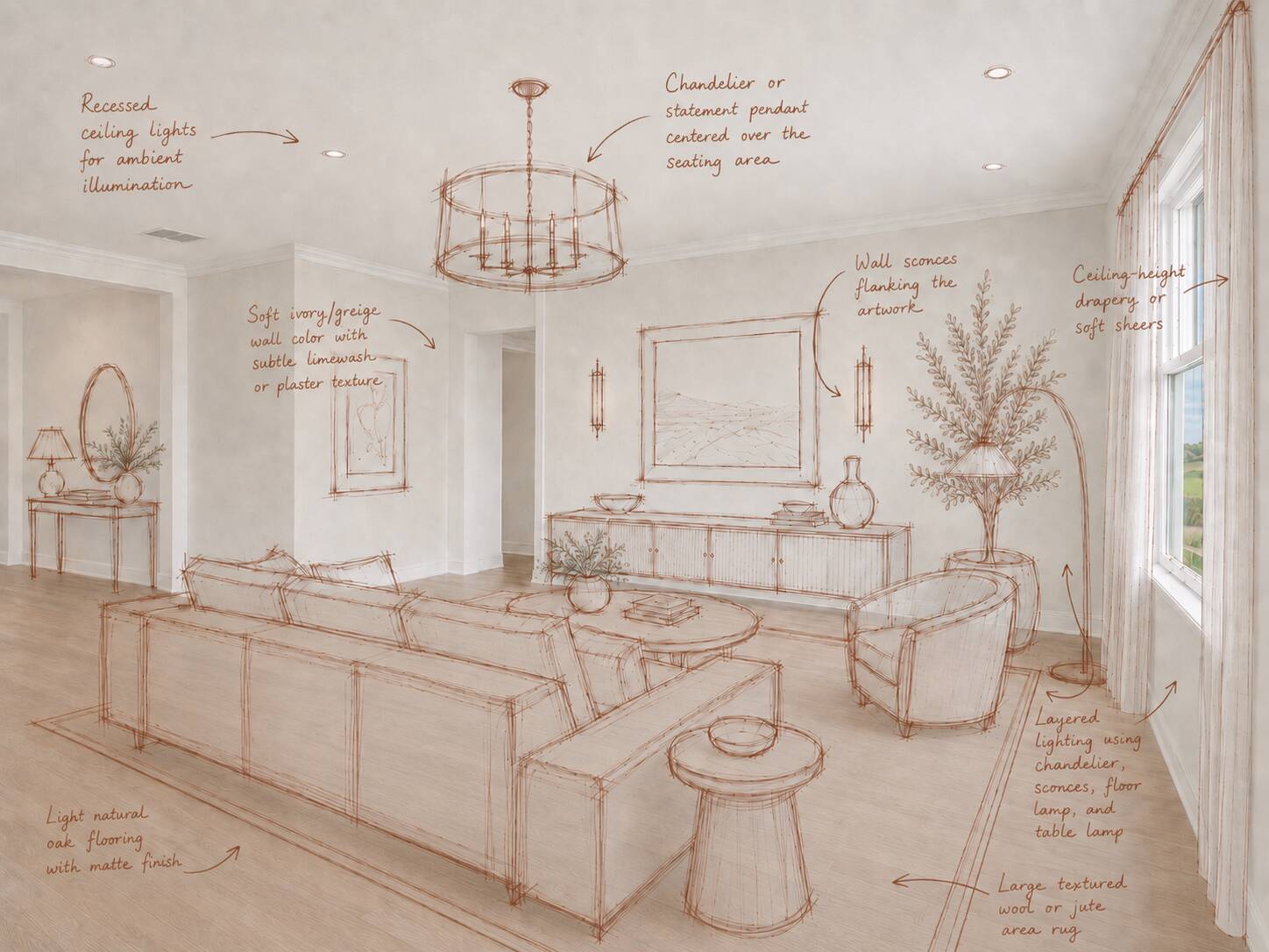 The same great room with build notes called out over the drawing.