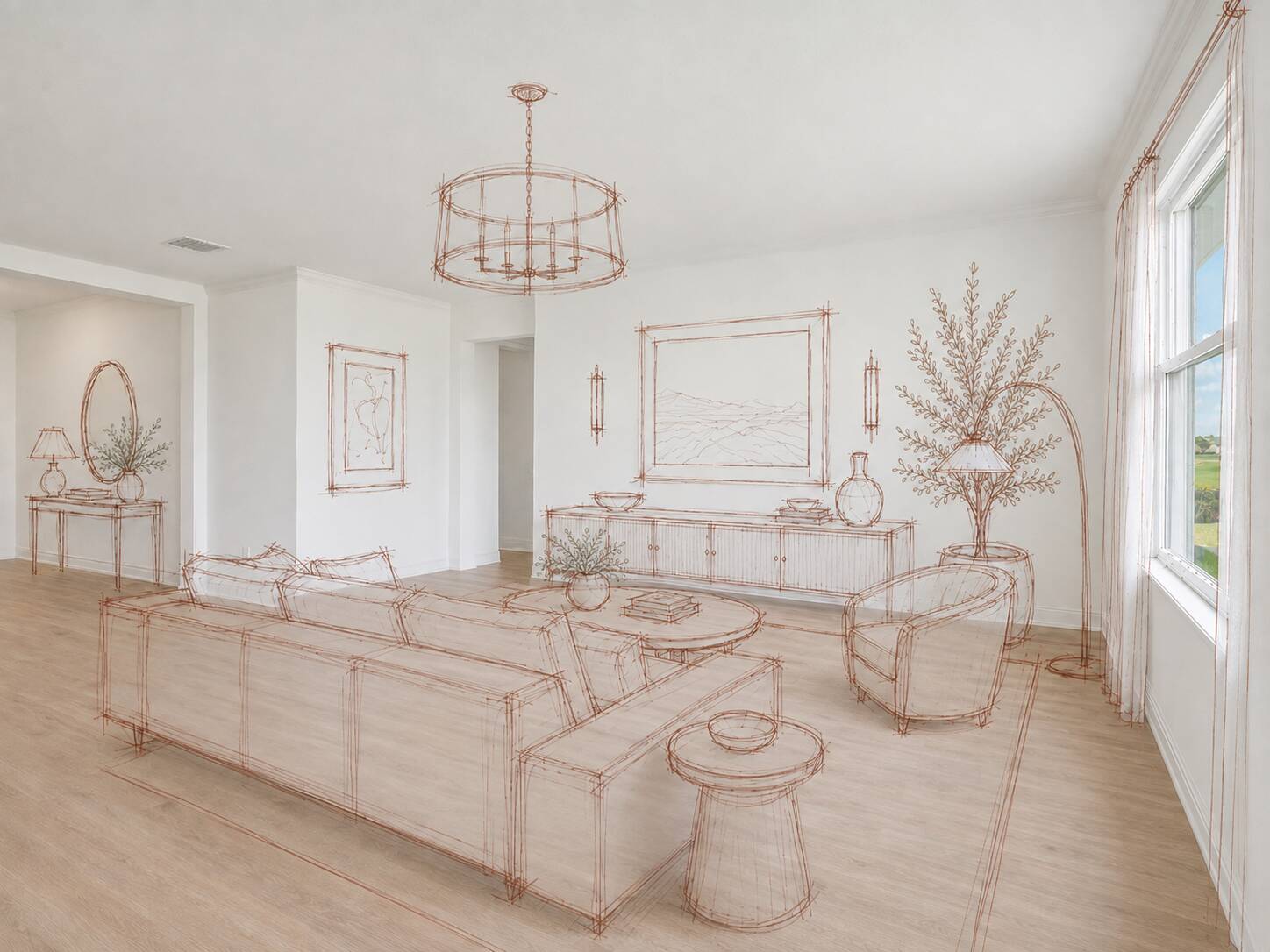 The same great room with the furniture plan drawn over the photograph.