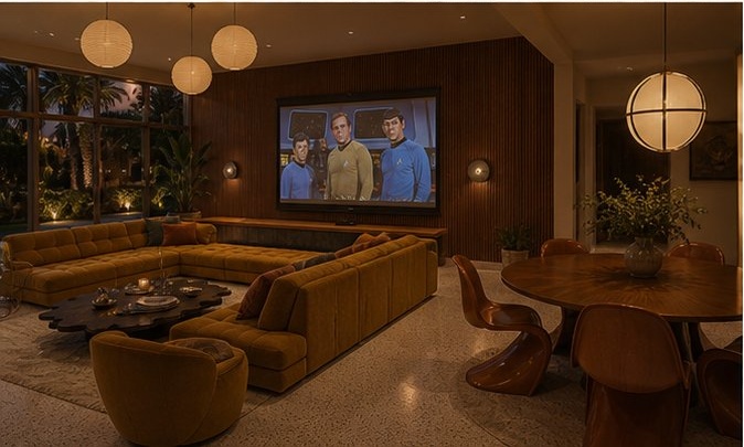 The Mid 58 living room &mdash; empty, showing terrazzo floor and pool view